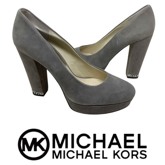 New Michael Kors Sabrina Steel Gray Suede Platform Pumps Sz 8.5 Chain Detail NWT - Picture 1 of 14